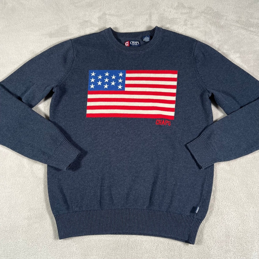 Chaps American Flag Crewneck Sweater Men's Medium Navy Blue Patriotic Pullover